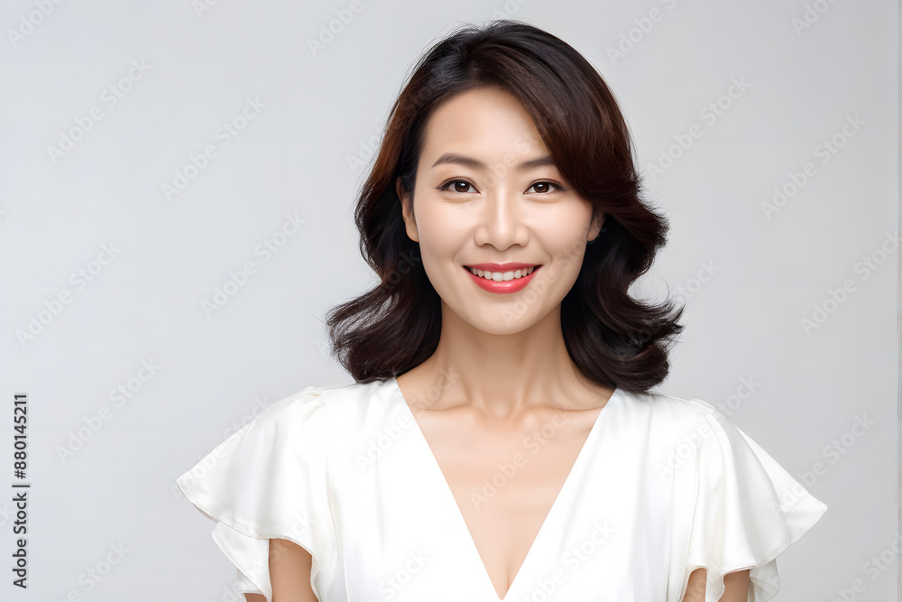 A woman with long brown hair and a white dress is smiling A woman with long brown hair and a white dress is smiling