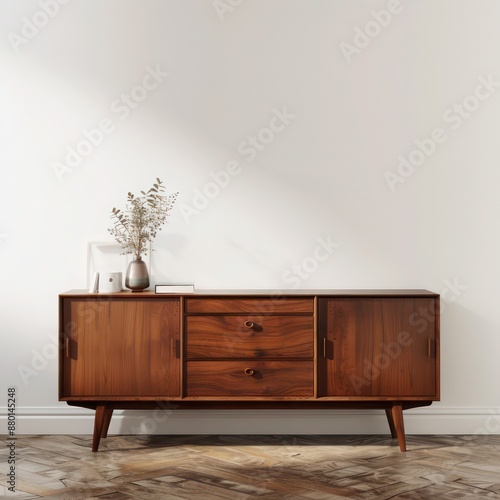 Chic chestnut sideboard with midcentury modern style positioned near an empty white wall for modern decor