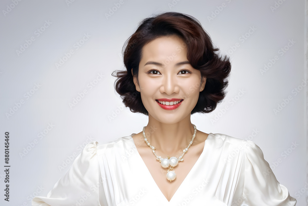 A woman wearing a white dress and a pearl necklace A woman wearing a white dress and a pearl necklace