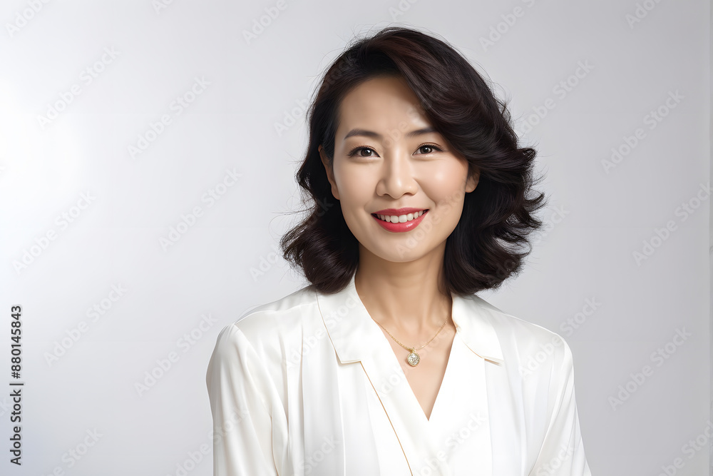 A woman with a necklace and a smile on her face A woman with a necklace and a smile on her face