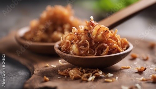 Fried shallots on wooden spoon Indonesian food food sprinkles bawang merah goreng