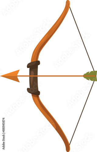 Classic wooden bow and arrow with a green feather fletching on a white background