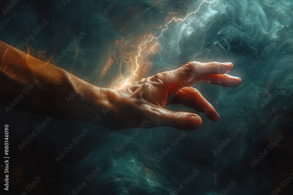 Fototapeta premium A hand reaching out from darkness, its finger illuminated by light.