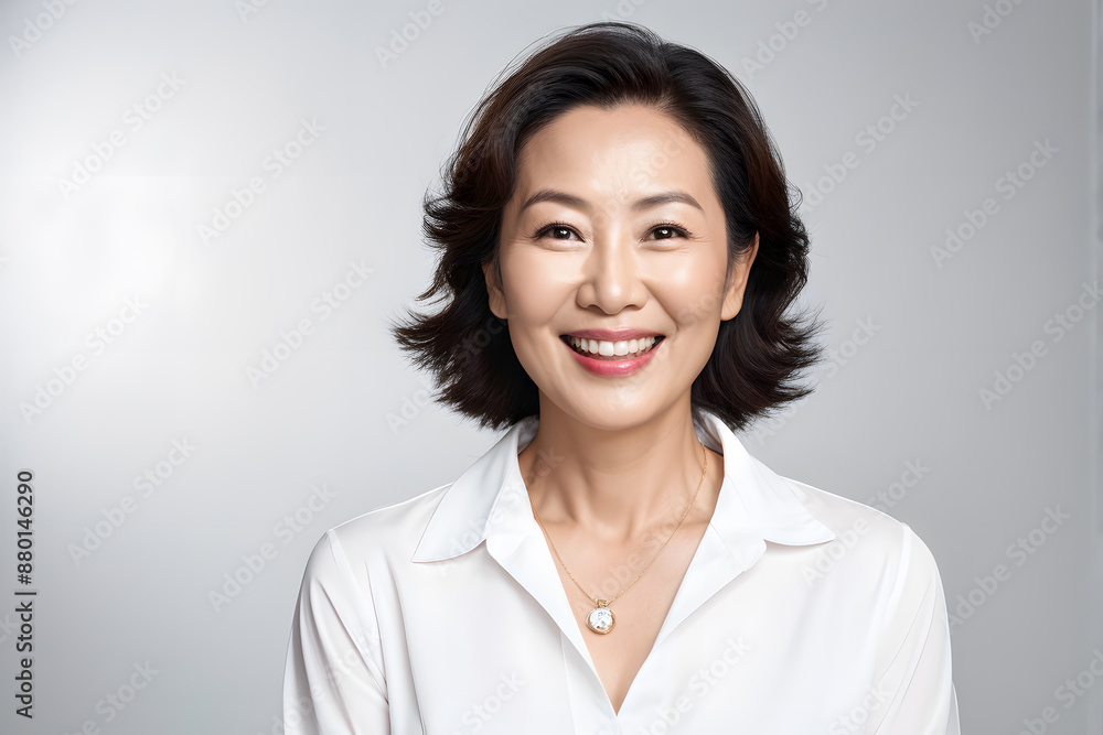 A woman with a necklace and a smile on her face