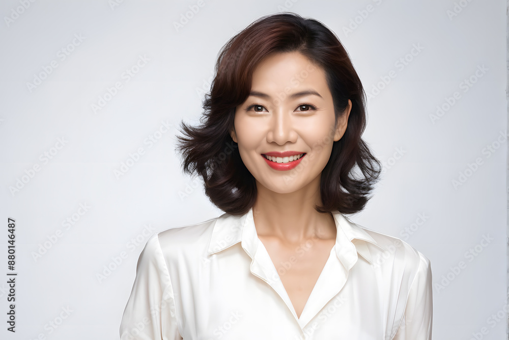 A woman with a white shirt and red lipstick is smiling A woman with a white shirt and red lipstick is smiling