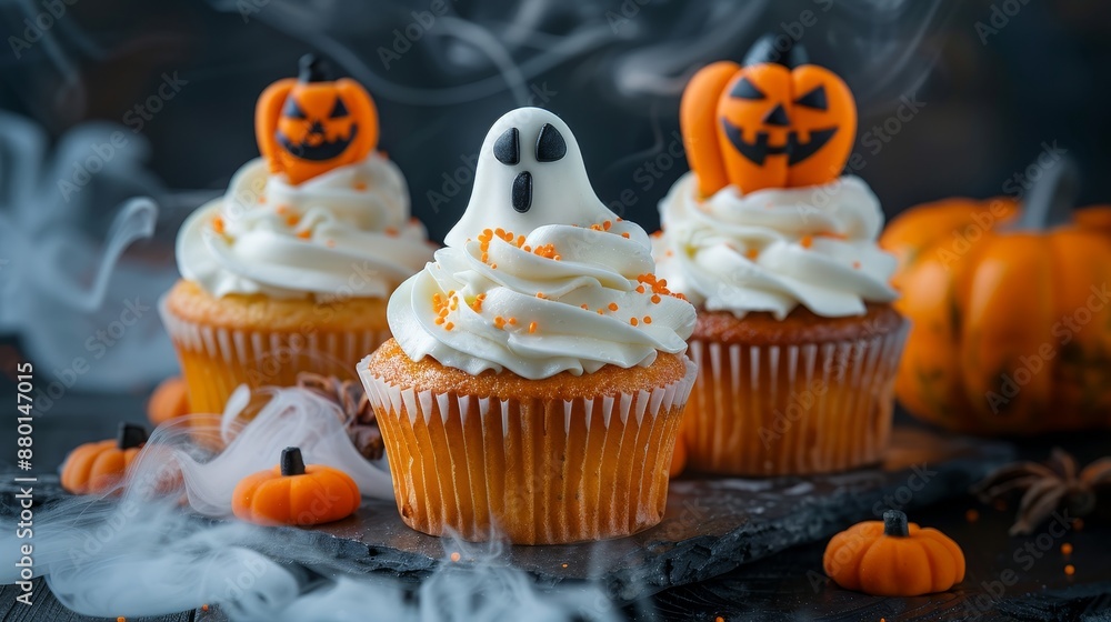 Halloween cupcakes with White ghosts,Spooky Halloween pumkin cupcakes with ghosts,Homemade Delicious Halloween treat for dessert,Spooky Sweets for kids on Halloween,copy space. Halloween cupcakes with White ghosts,Spooky Halloween pumkin cupcakes with ghosts,Homemade Delicious Halloween treat for dessert,Spooky Sweets for kids on Halloween,copy space.