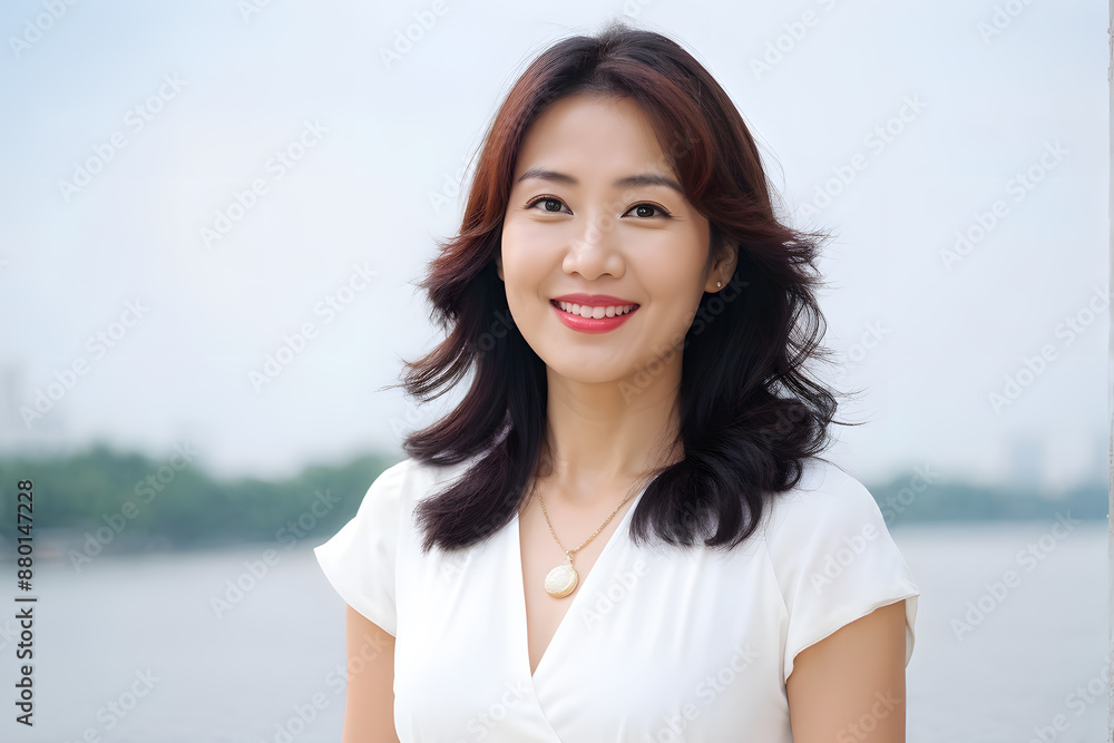 A woman with long brown hair and a necklace is smiling A woman with long brown hair and a necklace is smiling