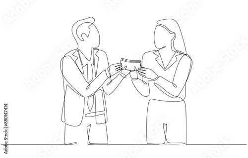 Continuous one line drawing of boss giving bonus to female employee, company year-end bonus concept, single line art.