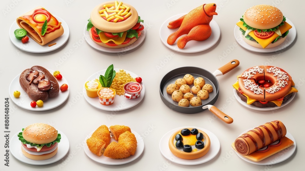Set of Fast food 3d realistic render vector icon set,Pizza,taco,hamburger, french fries,cola soda,hot dog, popcorn,donut,chicken leg,junk food elements isolated on white background. Set of Fast food 3d realistic render vector icon set,Pizza,taco,hamburger, french fries,cola soda,hot dog, popcorn,donut,chicken leg,junk food elements isolated on white background.