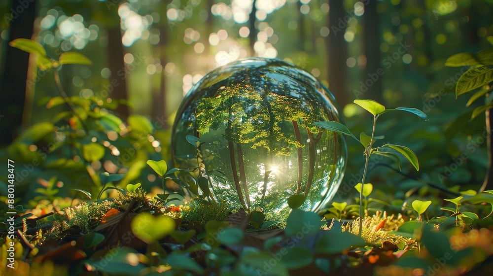Glass globe ball on green grass with moss in forest and sunlight,Environment Earth Day,icons energy sources for renewable and environmentally sustainable. Save Earth.Energy saving concept. Glass globe ball on green grass with moss in forest and sunlight,Environment Earth Day,icons energy sources for renewable and environmentally sustainable. Save Earth.Energy saving concept.