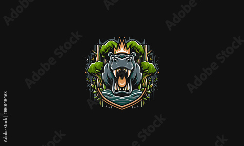 head hippo roar on shield vector logo design