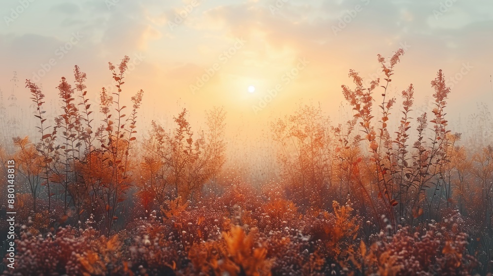 Fototapeta premium a field of flowers in the foreground, with the sun setting in the background. 