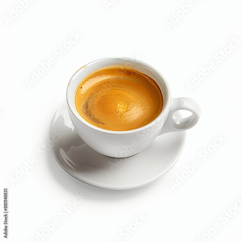 A rich espresso with a golden crema layer on top presented in a sleek porcelain cup with a slight swirl pattern, isolated white background, realism art style