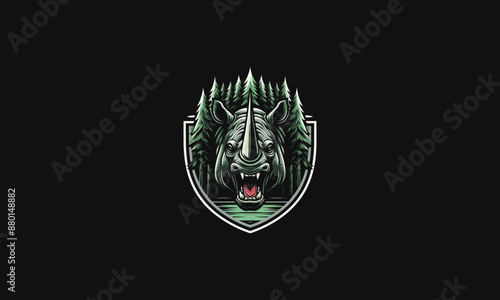 head rhino roar on forest vector logo design