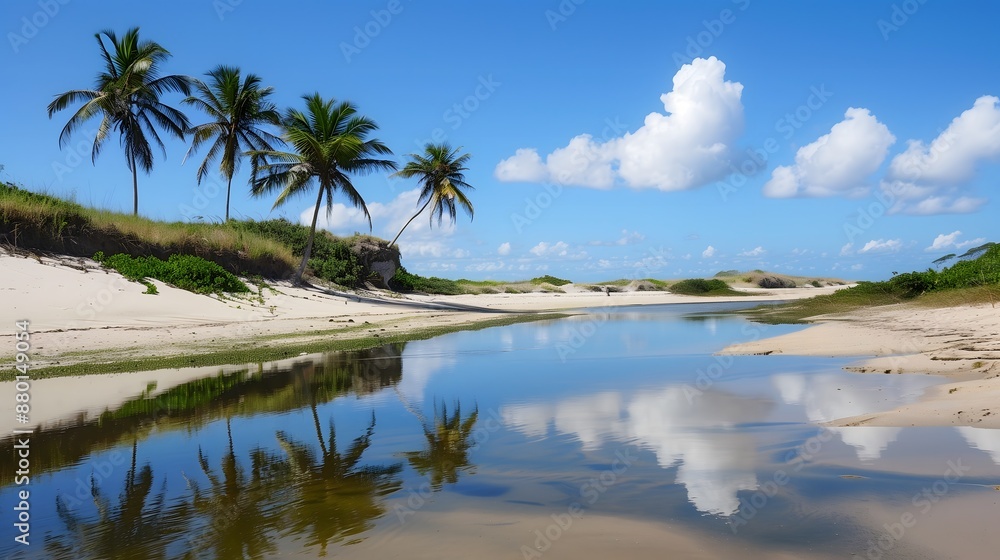 Tropical Beach Lagoon with Palm Trees and Clear Blue Sky, Serene Coastal Landscape
Tropical Beach Lagoon with Palm Trees and Clear Blue Sky, Serene Coastal Landscape