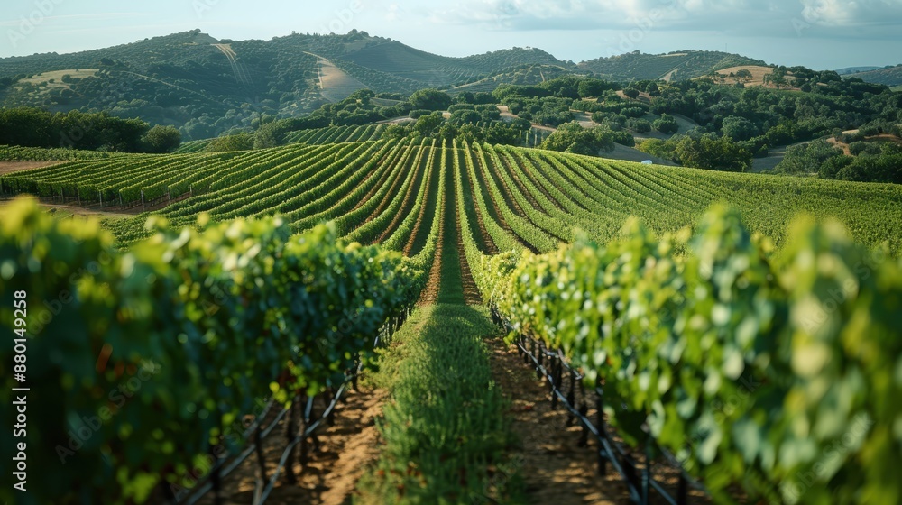 Fototapeta premium Rows of grape vines stretch into the distance, with a hill covered in olive trees in the background.