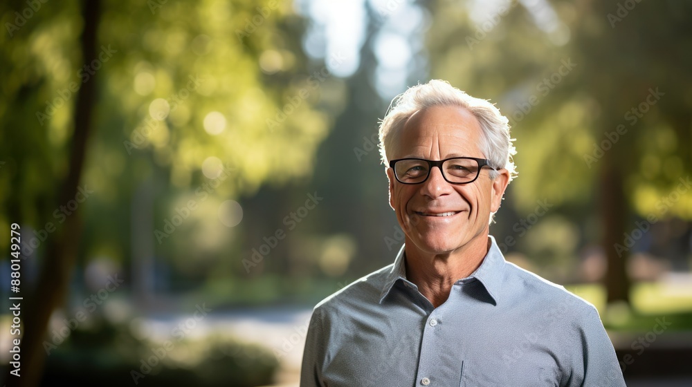 A senior man with glasses smiles warmly while standing A senior man with glasses smiles warmly while standing