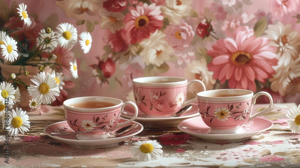 A beautiful image of a pink floral tea party. Three pink and white tea cups are sitting on a table with pink and white flowers scattered around. The background is a pink floral wallpaper. A beautiful image of a pink floral tea party. Three pink and white tea cups are sitting on a table with pink and white flowers scattered around. The background is a pink floral wallpaper.