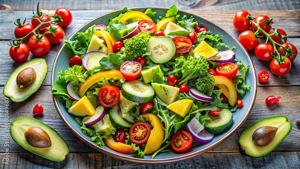 Fresh, colorful and nutritious salad with mixed greens, tomatoes, cucumbers, bell peppers, and avocado, healthy Fresh, colorful and nutritious salad with mixed greens, tomatoes, cucumbers, bell peppers, and avocado, healthy