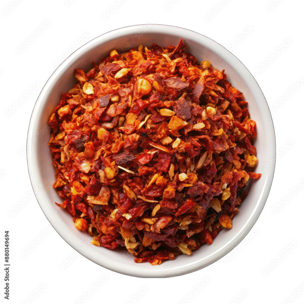 Chilli flakes on white bowl top view isolated on transparent background Chilli flakes on white bowl top view isolated on transparent background