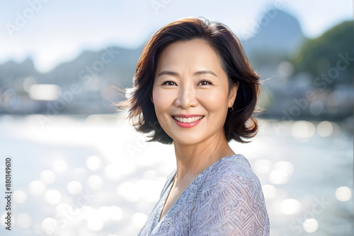 A woman with a short haircut and a blue dress is smiling at the camera