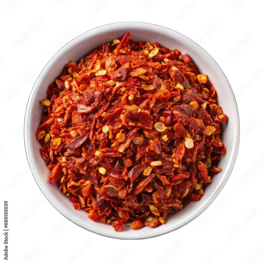 Chilli flakes on white bowl top view isolated on transparent background Chilli flakes on white bowl top view isolated on transparent background