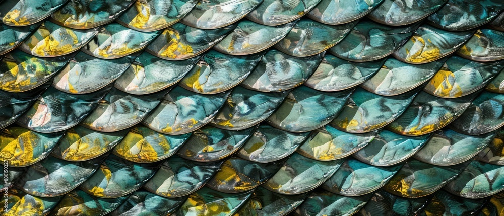 Fototapeta premium Panoramic close-up, high detail scan of shimmering mackerel scales texture, Generative AI