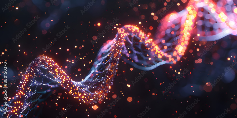 Fio de DNA com partículas brilhantes Fio de DNA com partículas brilhantes