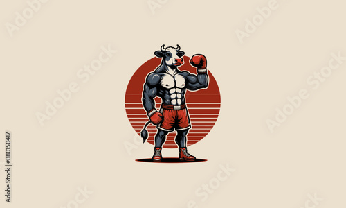 cow wearing gloves boxing red and pant vector mascot design