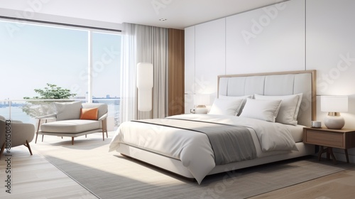 Bright and spacious white modern hotel bedroom 