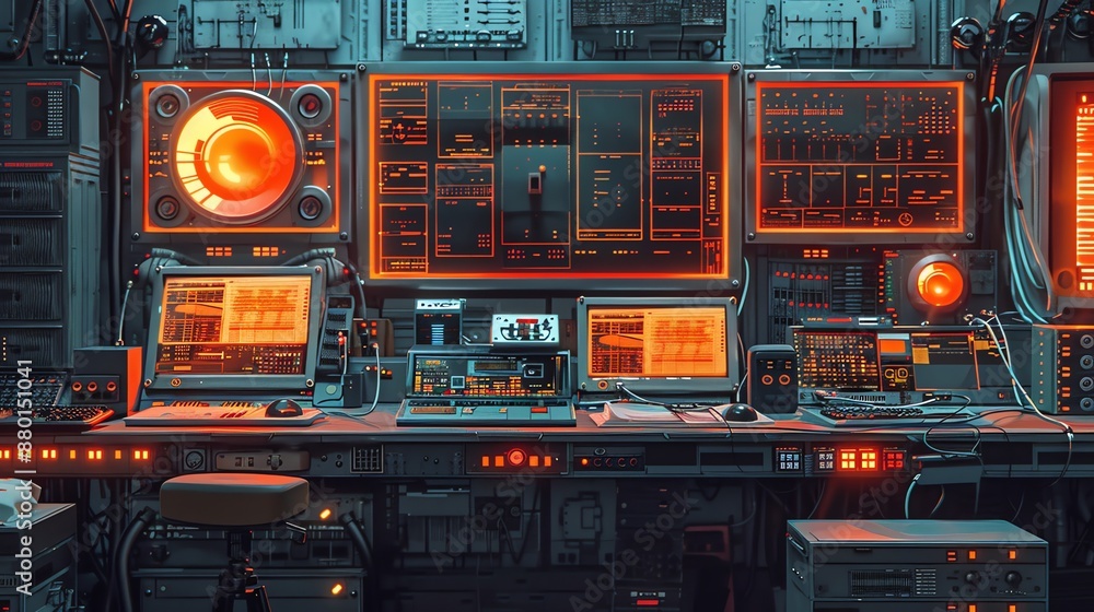 Futuristic Control Room with Red Lights and Screens. Futuristic Control Room with Red Lights and Screens.