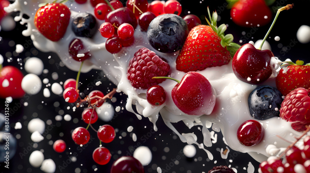 Berry and milk mousse. Close-up of raspberries, blueberries, strawberries, cherries and red currants mixed with milk on a black background Berry and milk mousse. Close-up of raspberries, blueberries, strawberries, cherries and red currants mixed with milk on a black background