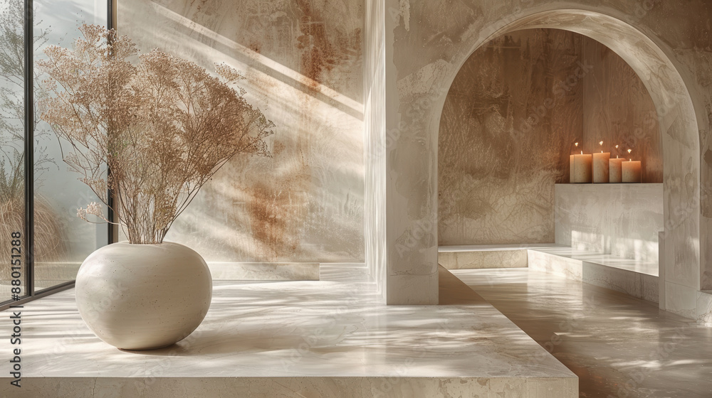 A serene space featuring a large vase with dry plants, a brown bottle of hand soap, and lighted candles in the distance. The room is bathed in soft sunlight and has a minimalist, tranquil vibe. A serene space featuring a large vase with dry plants, a brown bottle of hand soap, and lighted candles in the distance. The room is bathed in soft sunlight and has a minimalist, tranquil vibe.