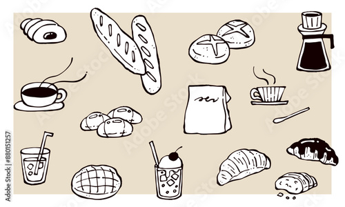手描きのパンと飲み物のイラストセット