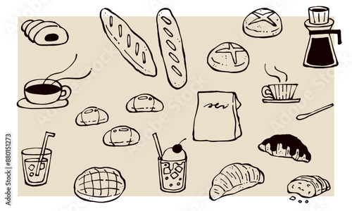 手描きのパンと飲み物のイラストセット　線画
