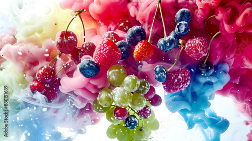 Bunches of raspberries, strawberries, blueberries, cherries and grapes in a thick stylish colored smoke. A colorful picture of wild summer berries.