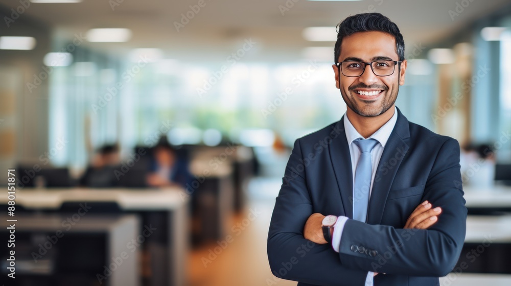 Fototapeta premium Indian businessman posing with arms crossed in stylish office environment