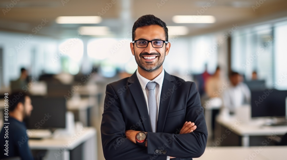 Fototapeta premium Cheerful Indian businessman posing with arms crossed 
