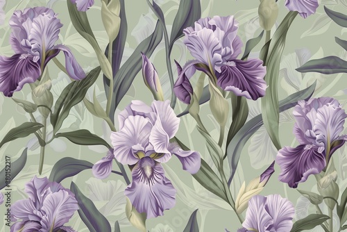 Wallpaper Mural Bohemian Iris Garden. Soft Lavender and Olive Green Pattern. Seamless Pattern with Flowers and Leaves. Hand Drawn Background. Floral Pattern for Wallpaper or Fabric Torontodigital.ca