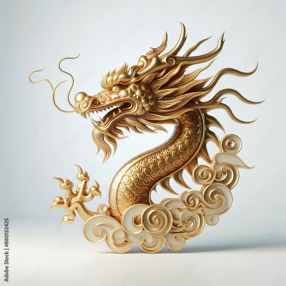 Fototapeta premium A three-dimensional, Gold stylized of beautiful chinese dragon head
