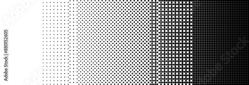 Pixelated bitmap gradient texture. Black and white dither pattern background. 8 bit video game screen wallpaper. Retro glitchy pixel art illustration. Abstract vector wide horizontal dithering border