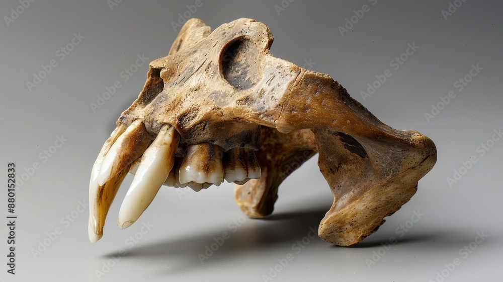 the skull of an ancient saber-toothed tiger, a fearsome predator that once roamed the Earth. Its long, curved canines were used to deliver a deadly bite to its prey. the skull of an ancient saber-toothed tiger, a fearsome predator that once roamed the Earth. Its long, curved canines were used to deliver a deadly bite to its prey.