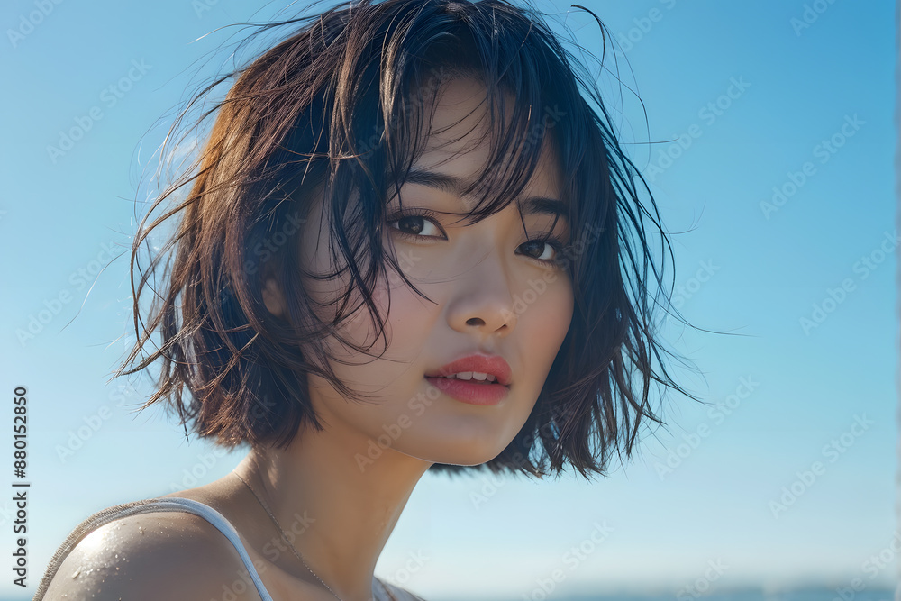 A woman with short hair and a red lipstick is standing in front of a blue sky A woman with short hair and a red lipstick is standing in front of a blue sky