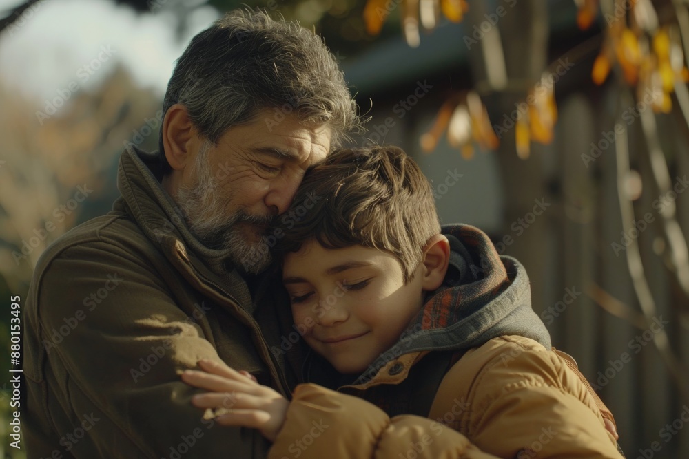 Father and son embracing in the autumn. Father and son embracing in the autumn.