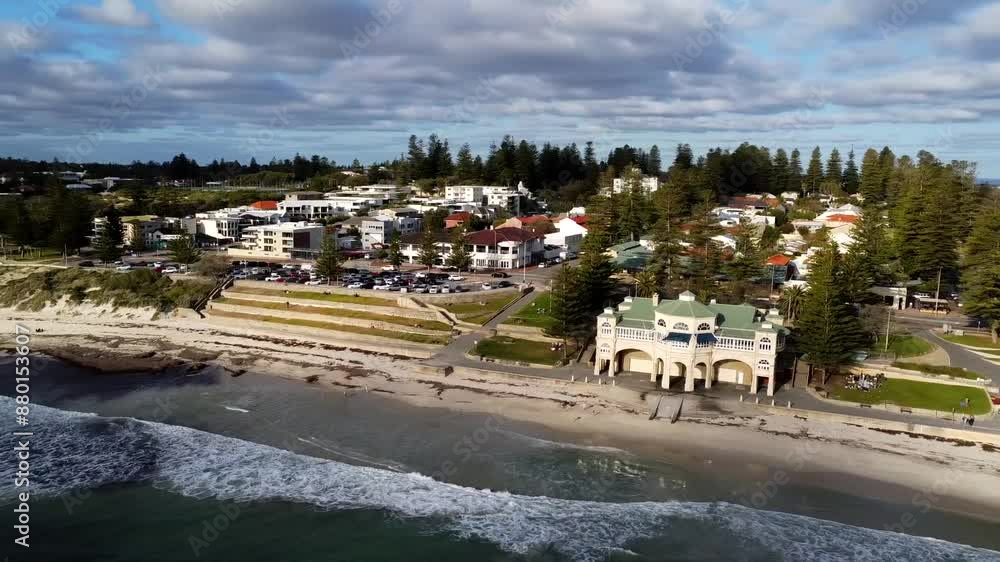 Panning Aerial of Cottesloe Beach and Indiana Tea House, Perth, Western Australia Panning Aerial of Cottesloe Beach and Indiana Tea House, Perth, Western Australia
