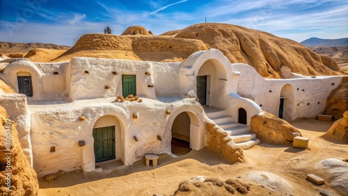 Ancient earthen berber dwelling with arched doorways and whitewashed walls blends seamlessly into desert landscape near Matmata, Tunisia.