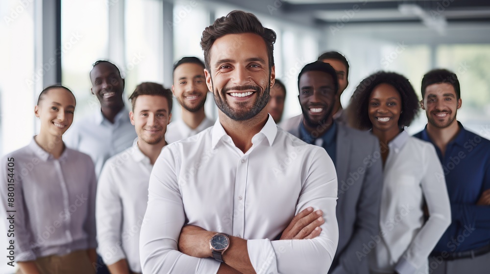 Confident businessman standing with his diverse team Confident businessman standing with his diverse team
