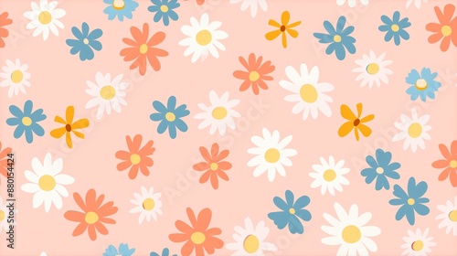 Charming Pastel Floral Pattern Featuring Daisies and Abstract Flowers on a Soft Peach Background, Perfect for Spring and Summer Design Projects, Home Decor, and Fabric Prints