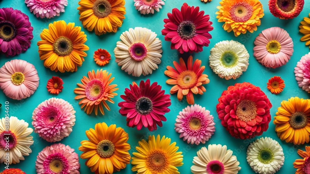 Vibrant gerbera flowers arranged in a pattern on a bright cyan background, symbolizing love and new beginnings of spring season. Vibrant gerbera flowers arranged in a pattern on a bright cyan background, symbolizing love and new beginnings of spring season.