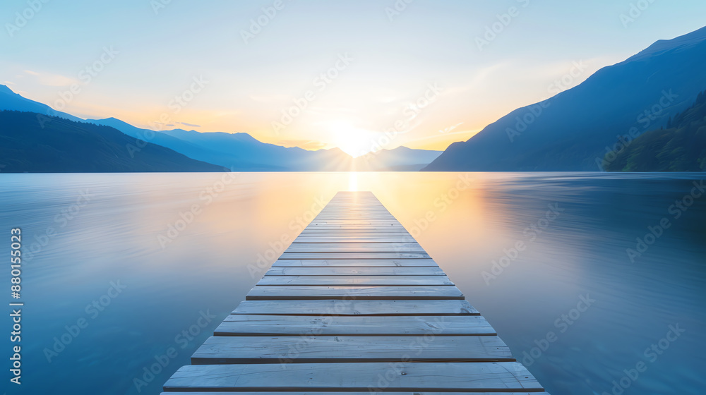 Fototapeta premium pontoon on lake at sunset, AI generated